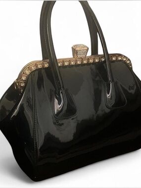 Vintage Black Patent Faux Leather Structured Satchel Tote Bag.